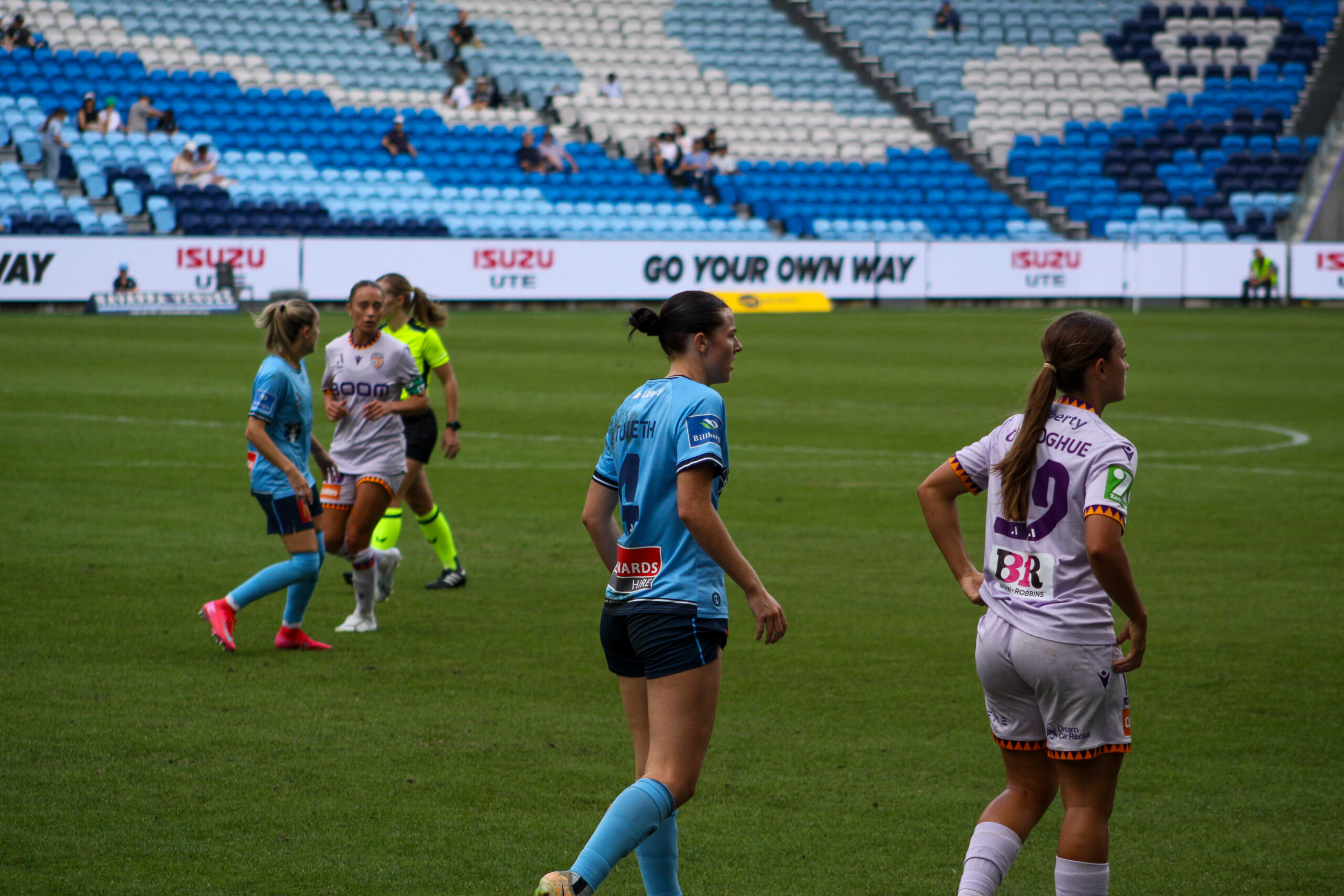 A League players on pitch in middle of match.