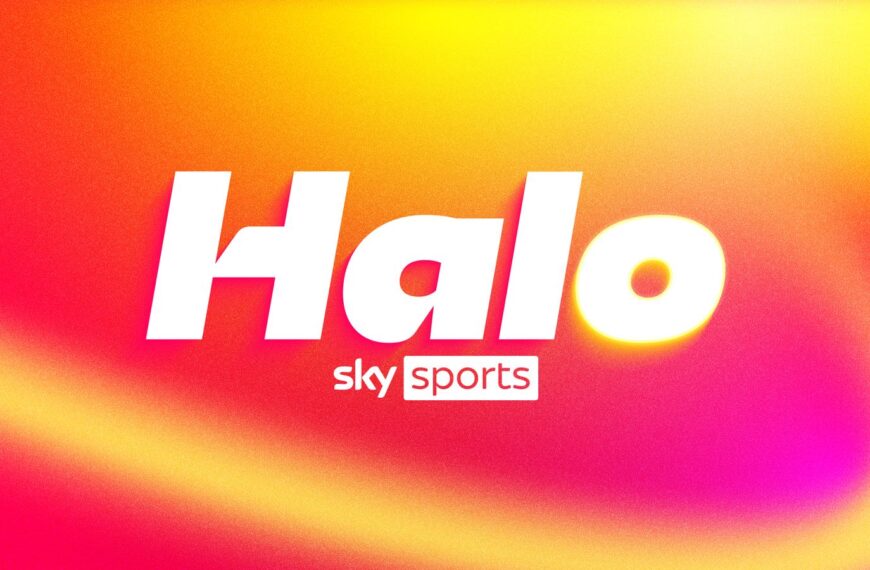A brightly coloured background with the words Halo and Sky Sports in white on the foreground