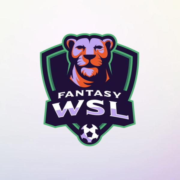 A vibrant sports logo for 'Fantasy WSL' featuring a stylised lioness head inside a dark blue and green shield, with a ball at the bottom.