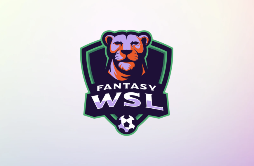 A vibrant sports logo for 'Fantasy WSL' featuring a stylised lioness head inside a dark blue and green shield, with a ball at the bottom.