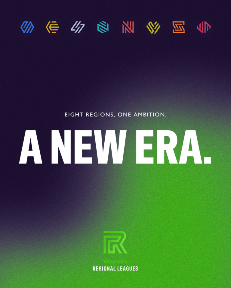 Graphic announcing a new era for the Women’s Regional Leagues, featuring the logos of eight regions across the top. Text reads: “Eight regions, one ambition. A new era.” against a dark purple and bright green gradient background, with the Women’s Regional Leagues logo at the bottom.