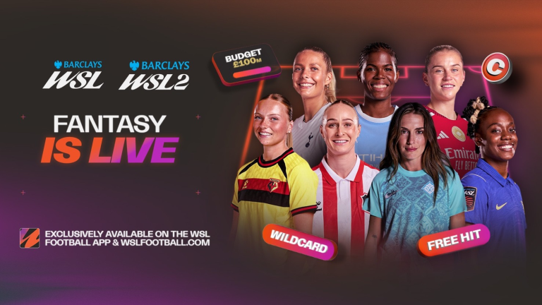 Promotional graphic for the Barclays WSL and WSL2 Fantasy game featuring seven players from across the leagues, alongside “Fantasy is Live” and a £100m budget.