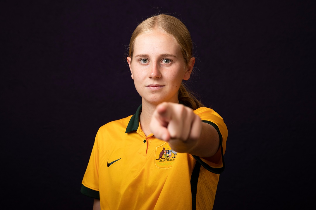 Hana Lowry in Matilda's kit pointing at the camera