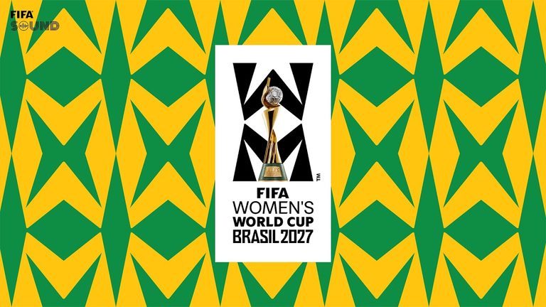 Graphic for the FIFA Women’s World Cup Brazil 2027, featuring the tournament trophy and official logo centred on a vibrant green-and-yellow geometric patterned background.