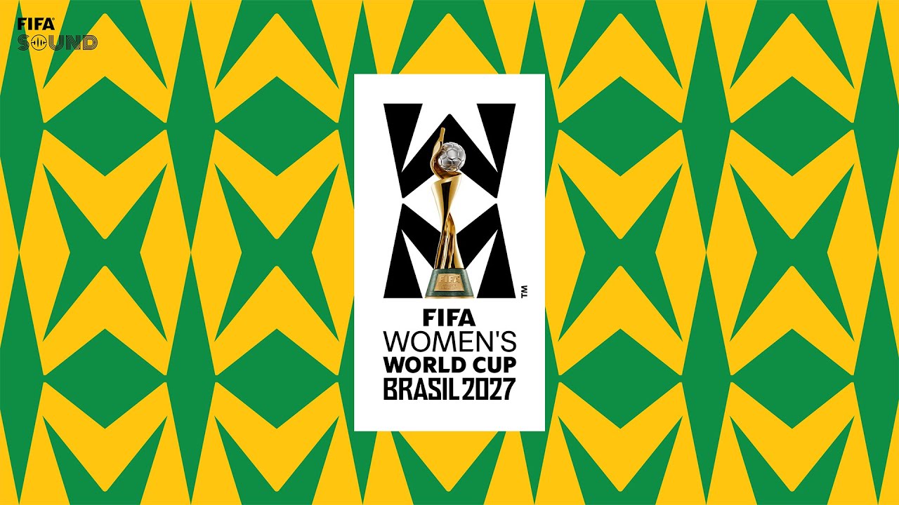 Graphic for the FIFA Women’s World Cup Brazil 2027, featuring the tournament trophy and official logo centred on a vibrant green-and-yellow geometric patterned background.